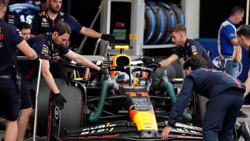 Red Bull Racing's Mexican driver Sergio Perez leaves the pits during the qualifying session at the Red Bull race track in Spielberg, Austria on June 30, 2023, ahead of the Austrian Formula One Grand Prix. (Photo by Darko Bandic / POOL / AFP)