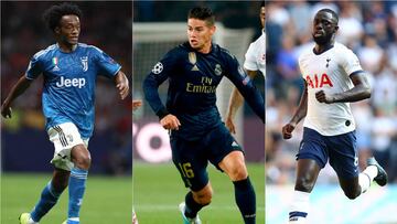 Juan Cuadrado, James Rodríguez y Davinson Sánchez durante partidos con sus clubes.