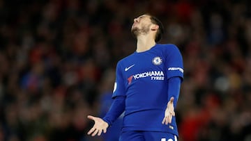 Soccer Football - Premier League - Liverpool vs Chelsea - Anfield, Liverpool, Britain - November 25, 2017 Chelsea's Eden Hazard reacts Action Images via Reuters/Carl Recine EDITORIAL USE ONLY. No use with unauthorized audio, video, data, fixture lists, club/league logos or "live" services. Online in-match use limited to 75 images, no video emulation. No use in betting, games or single club/league/player publications. Please contact your account representative for further details.?