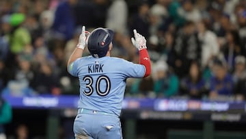 Oct 15, 2025; Seattle, Washington, USA; Toronto Blue Jays catcher Alejandro Kirk (30) celebrates after hitting a three-run home run in the sixth inning against the Seattle Mariners during game three of the ALCS round for the 2025 MLB playoffs at T-Mobile Park. Mandatory Credit: John Froschauer-Imagn Images