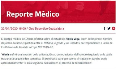Alexis Vega estará de 15 a 20 días fuera por luxación de hombro