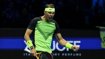 TURIN, ITALY - NOVEMBER 13: Rafael Nadal of Spain reacts during his Round Robin Singles match against Taylor Fritz of The United States during day one of the Nitto ATP Finals at Pala Alpitour on November 13, 2022 in Turin, Italy. (Photo by Shi Tang/Getty Images)