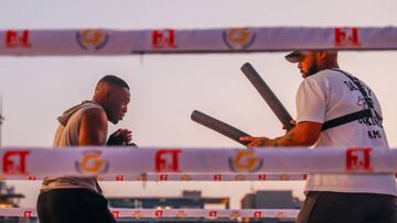 DUBAI, UAE - NOVEMBER 08: Floyd Mayweather and Deji Olatunji attend a training prior to their boxing match at Coca-Cola Arena in Dubai, UAE on November 08, 2022. (Photo by Waleed Zein/Anadolu Agency via Getty Images)