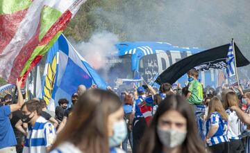 Real Sociedad fans cheer the team on their way down to Seville for the Copa del Rey final.
