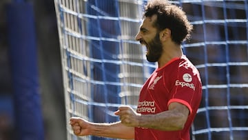 Soccer Football - Premier League - Brighton &amp; Hove Albion v Liverpool - The American Express Community Stadium, Brighton, Britain - March 12, 2022 Liverpool&#039;s Mohamed Salah celebrates scoring their second goal REUTERS/Tony Obrien EDITORIAL USE ON