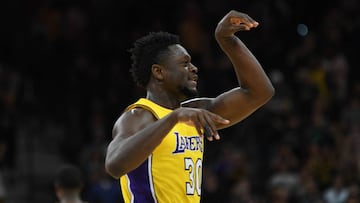 Mar 3, 2018; San Antonio, TX, USA; Los Angeles Lakers forward Julius Randle (30) reacts during the second half against the San Antonio Spurs at the AT&T Center. The Lakers won 116-112. Mandatory Credit: Brendan Maloney-USA TODAY Sports