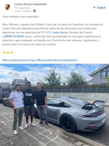 El nuevo juguete de Nico Williams: un Porsche 911 GT3 de 220.000 euros.