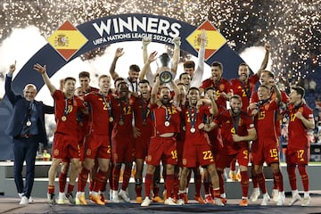 Jordi Alba of Spain lifts the Nations League trophy