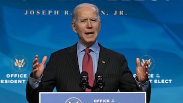 (ARCHIVOS) En esta foto de archivo tomada el 8 de enero de 2021, el presidente electo de los Estados Unidos, Joe Biden, habla en el teatro The Queen en Wilmington, Delaware, para anunciar a los nominados clave para su equipo econ&oacute;mico y laboral.
 