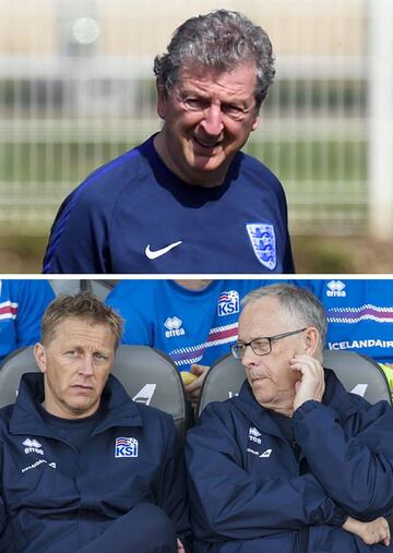 England manager Roy Hodgson, and Iceland's headcoaches Lars Lagerback (bottom, R) and Heimir Hallgr