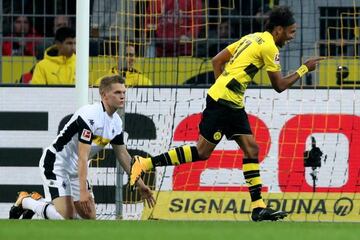 Aubameyang scores in the 3-0 win over Borussia Mönchengladbach at the weekend.