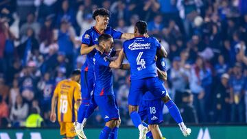 Rodrigo Huescas celebrates his goal 3-0 of Cruz Azul during the 6th round match between Cruz Azul and Atletico de San Luis as part of the Torneo Clausura 2024 Liga BBVA MX at Ciudad de los Deportes Stadium on February 10, 2024 in Mexico City, Mexico.
