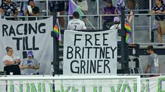A sign supporting Brittney Griner who has recently been sentenced to nine years in prison in Russia, is displayed during the first half of the game between the Washington Spirit and Racing Louisville FC at Lynn Family Stadium.