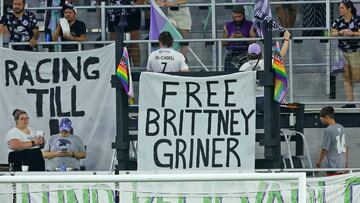 A sign supporting Brittney Griner who has recently been sentenced to nine years in prison in Russia, is displayed during the first half of the game between the Washington Spirit and Racing Louisville FC at Lynn Family Stadium.