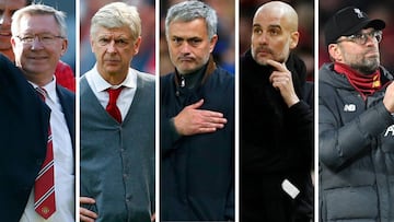 Alex Ferguson, Arsene Wenger, Jos&eacute; Mourinho, Pep Guardiola y J&uuml;rgen Klopp.