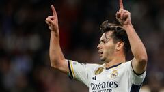 El centrocampista del Real Madrid Brahim Díaz celebra tras marcar ante el Braga, durante el partido de la Liga de Campeones que Real Madrid y SC Braga disputan este miércoles en el estadio Santiago Bernabéu, en Madrid.