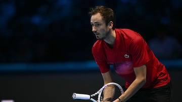 Russia's Daniil Medvedev reacts during his match against USA's Taylor Fritz at the ATP Finals tennis tournament in Turin on November 10, 2024. (Photo by Marco BERTORELLO / AFP)