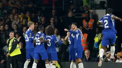 London (United Kingdom), 02/10/2023.- Chelsea players celebrate the 0-2 goal scored by Armando Broja (2R) during the English Premier League soccer match between Fulham FC and Chelsea FC in London, Britain, 02 October 2023. (Reino Unido, Londres) EFE/EPA/DAVID CLIFF EDITORIAL USE ONLY. No use with unauthorized audio, video, data, fixture lists, club/league logos or 'live' services. Online in-match use limited to 120 images, no video emulation. No use in betting, games or single club/league/player publications.
