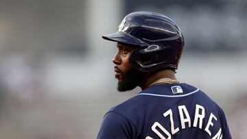 NEW YORK, NEW YORK - MAY 11: Randy Arozarena #56 of the Tampa Bay Rays stands on first base in the first inning against the New York Yankees at Yankee Stadium on May 11, 2023 in Bronx borough of New York City.   Elsa/Getty Images/AFP (Photo by ELSA / GETTY IMAGES NORTH AMERICA / Getty Images via AFP)