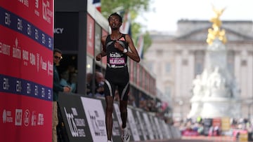 LONDON, ENGLAND - APRIL 26: Yomif Kejelcha of Team Ethiopia crosses the line and finishes second during the Men's 2026 TCS London Marathon on April 26, 2026 in London, England. (Photo by Alex Davidson/Getty Images)