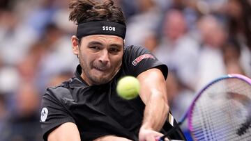 Sep 2, 2025; Flushing, NY, USA; Taylor Fritz (USA) hits to Novak Djokovic (SRB) (not pictured) on day ten of the 2025 U.S. Open tennis tournament at the USTA Billie Jean King National Tennis Center. Mandatory Credit: Robert Deutsch-Imagn Images