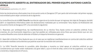 Comunicado oficial del UD Granadilla Tenerife.