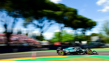 Aston Martin's Canadian driver Lance Stroll races during a qualifying session for the 2025 Emilia Romagna Formula One Grand Prix at the Imola autodrome in Imola, on May 17, 2025. (Photo by Marco BERTORELLO / AFP)