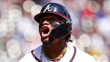 ATLANTA, GEORGIA - SEPTEMBER 10: Ronald Acuna Jr. #13 of the Atlanta Braves celebrates after hitting a two-RBI single to give the Braves a 3-2 lead over the Pittsburgh Pirates in the bottom of the seventh inning at Truist Park on September 10, 2023 in Atlanta, Georgia.   Casey Sykes/Getty Images/AFP (Photo by Casey Sykes / GETTY IMAGES NORTH AMERICA / Getty Images via AFP)