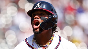 ATLANTA, GEORGIA - SEPTEMBER 10: Ronald Acuna Jr. #13 of the Atlanta Braves celebrates after hitting a two-RBI single to give the Braves a 3-2 lead over the Pittsburgh Pirates in the bottom of the seventh inning at Truist Park on September 10, 2023 in Atlanta, Georgia. Casey Sykes/Getty Images/AFP (Photo by Casey Sykes / GETTY IMAGES NORTH AMERICA / Getty Images via AFP)