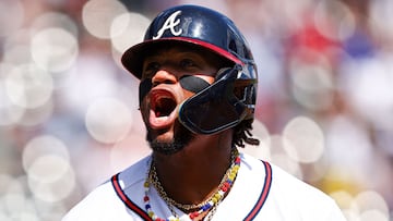 ATLANTA, GEORGIA - SEPTEMBER 10: Ronald Acuna Jr. #13 of the Atlanta Braves celebrates after hitting a two-RBI single to give the Braves a 3-2 lead over the Pittsburgh Pirates in the bottom of the seventh inning at Truist Park on September 10, 2023 in Atlanta, Georgia.   Casey Sykes/Getty Images/AFP (Photo by Casey Sykes / GETTY IMAGES NORTH AMERICA / Getty Images via AFP)