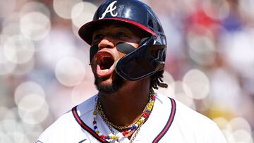 ATLANTA, GEORGIA - SEPTEMBER 10: Ronald Acuna Jr. #13 of the Atlanta Braves celebrates after hitting a two-RBI single to give the Braves a 3-2 lead over the Pittsburgh Pirates in the bottom of the seventh inning at Truist Park on September 10, 2023 in Atlanta, Georgia.   Casey Sykes/Getty Images/AFP (Photo by Casey Sykes / GETTY IMAGES NORTH AMERICA / Getty Images via AFP)