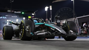 British Formula One driver George Russell of Mercedes-AMG Petronas steers his car during the pre-season testing for the 2024 Formula One season at the Bahrain International Circuit.