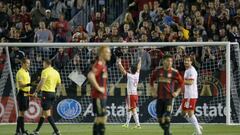 New York Red Bulls midfielder Felipe Martins (8) reacts as they win the game at the conclusion of the second half of an MLS soccer game against the Atlanta United FC on Sunday, March 5, 2017, in Atlanta. The New York Red Bulls won the game 2-1. (AP Photo/Todd Kirkland)