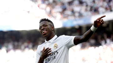 Soccer Football - LaLiga - Real Madrid v RCD Mallorca - Santiago Bernabeu, Madrid, Spain - September 11, 2022 Real Madrid's Vinicius Junior celebrates scoring their second goal REUTERS/Susana Vera