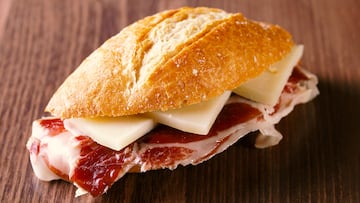 Cured ham and cheese Sandwich. Typical spanish sandwich made with cured ham, cheese and baguette bread.