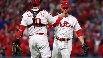 Oct 16, 2023; Philadelphia, Pennsylvania, USA; Philadelphia Phillies relief pitcher Craig Kimbrel (31) celebrates with catcher J.T. Realmuto (10) after beating the Arizona Diamondbacks in game one of the NLCS for the 2023 MLB playoffs at Citizens Bank Park. Mandatory Credit: Bill Streicher-USA TODAY Sports