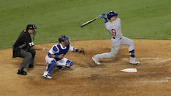 LOS ANGELES, CA - OCTOBER 20: Javier Baez #9 of the Chicago Cubs hits a three-run double in the eighth inning against the Los Angeles Dodgers in game five of the National League Division Series at Dodger Stadium on October 20, 2016 in Los Angeles, California.   Jeff Gross/Getty Images/AFP
 == FOR NEWSPAPERS, INTERNET, TELCOS &amp; TELEVISION USE ONLY ==