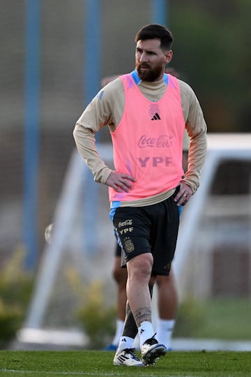 Argentina's forward #10 Lionel Messi walks during a training session in Ezeiza, Buenos Aires province, on November 12, 2024, ahead of the FIFA World Cup 2026 qualifier football match against Paraguay in Asuncion on November 14. (Photo by LUIS ROBAYO / AFP)