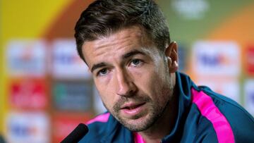 GRAF2870. MADRID, 09/05/2018.- El centrocampista del Atlético de Madrid "Gabi" Fernández durante la rueda de prensa ofrecida en el 'Media Day' del club rojiblanco con motivo de la final de la Liga Europa, esta tarde en el