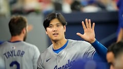 Apr 26, 2024; Toronto, Ontario, CAN; Los Angeles Dodgers two-way player Shohei Ohtani (17) celebrates a run against the Toronto Blue Jays during the sixth inning at Rogers Centre. Mandatory Credit: Kevin Sousa-USA TODAY Sports