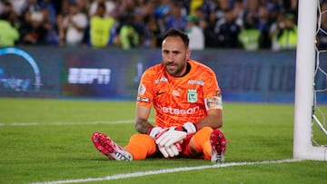 Atletico Nacional's Goalkeeper David Ospina (R) during the BetPlay Dimayor League match between Millonarios F.C and Atletico Nacional in Bogota, Colombia's El Campin Stadium April 13, 2025. (Photo by: Jorge Londono/Long Visual Press/Universal Images Group via Getty Images)