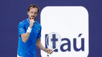 Apr 2, 2023; Miami, Florida, US; Daniil Medvedev reacts after winning the first set against Jannik Sinner (ITA) (not pictured) in the men's singles final on day fourteen of the Miami Open at Hard Rock Stadium. Mandatory Credit: Geoff Burke-USA TODAY Sports