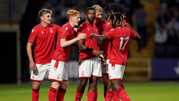 Nottingham Forest's Cafu celebrates with teammates after scoring their sides second goal during a pre-season friendly match at Meadow Lane, Nottingham. Picture date: Tuesday July 26, 2022. (Photo by Zac Goodwin/PA Images via Getty Images)