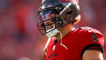 Quarterback Baker Mayfield threw five touchdown passes, leading the Tampa Bay Buccaneers to a dominant victory over the Carolina Panthers on Sunday.