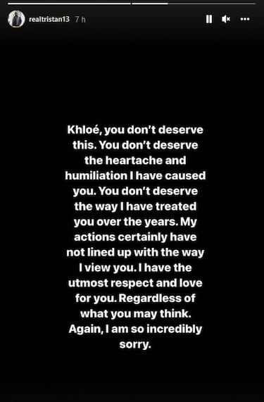 Tristan Thompson se disculpa con Khloé Kardashian.