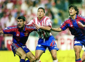 El 10 de abril de 1996 el equipo venci¨® por 1-0 al Barcelona en el Estadio de la Romareda, con un gol marcado de cabeza por el serbio Pantic a pase del lateral Delf¨ª Geli. El Atl¨¦tico de Madrid se proclamaba campe¨®n de la Copa del Rey por novena vez en su historia. En la imagen Guardiola, Simeone y Nadal en el partido de la final de la Copa del Rey.