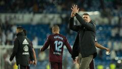 &Oacute;scar aplaude a la afici&oacute;n del Celta tras empatar en el Bernab&eacute;u.