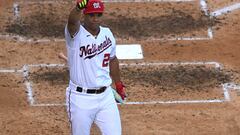 Jul 18, 2022; Los Angeles, CA, USA; Washington Nationals right fielder Juan Soto (22) reacts after advancing to the final round during the 2022 Home Run Derby at Dodgers Stadium. Mandatory Credit: Orlando Ramirez-USA TODAY Sports