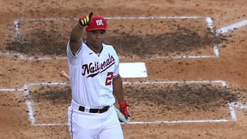 Jul 18, 2022; Los Angeles, CA, USA; Washington Nationals right fielder Juan Soto (22) reacts after advancing to the final round during the 2022 Home Run Derby at Dodgers Stadium. Mandatory Credit: Orlando Ramirez-USA TODAY Sports