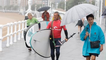 GIJÓN (ASTURIAS) 25/08/2022.-Surfistas bajo la lluvia en el Paseo Marítimo de San Lorenzo, en Gijón, este jueves, en una jornada en la que la Agencia Estatal de Meteorología (Aemet) prevé para este jueves en Asturias lluvias y chubascos, que podrán ir acompañados de alguna tormenta ocasional al principio del día. El cielo estará nuboso o cubierto, con nubosidad de evolución en horas centrales y probabilidad de brumas y bancos de niebla dispersos al principio y al final del día. Temperaturas en descenso, notable en las máximas de la Cordillera y con mínimas que se esperan al final del día. Viento de direcciones norte y nordeste, flojo al principio y final del día. EFE/Juan González.
